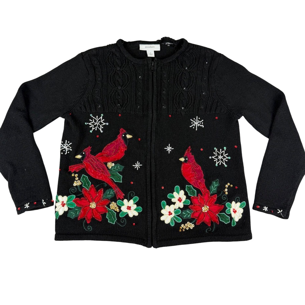 Dressbarn Black Cardinal Poinsettia Snowflake Zip Up Christmas Sweater Cardigan